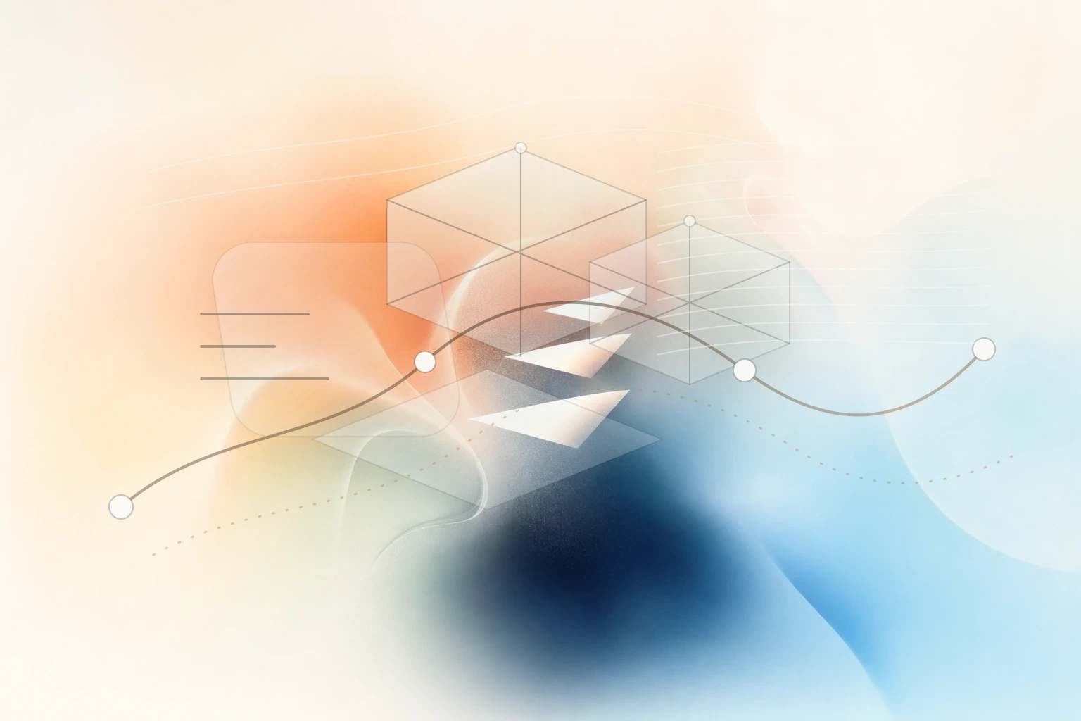 Abstract Cynsta system map with connected workflow paths, architectural forms, and evidence traces