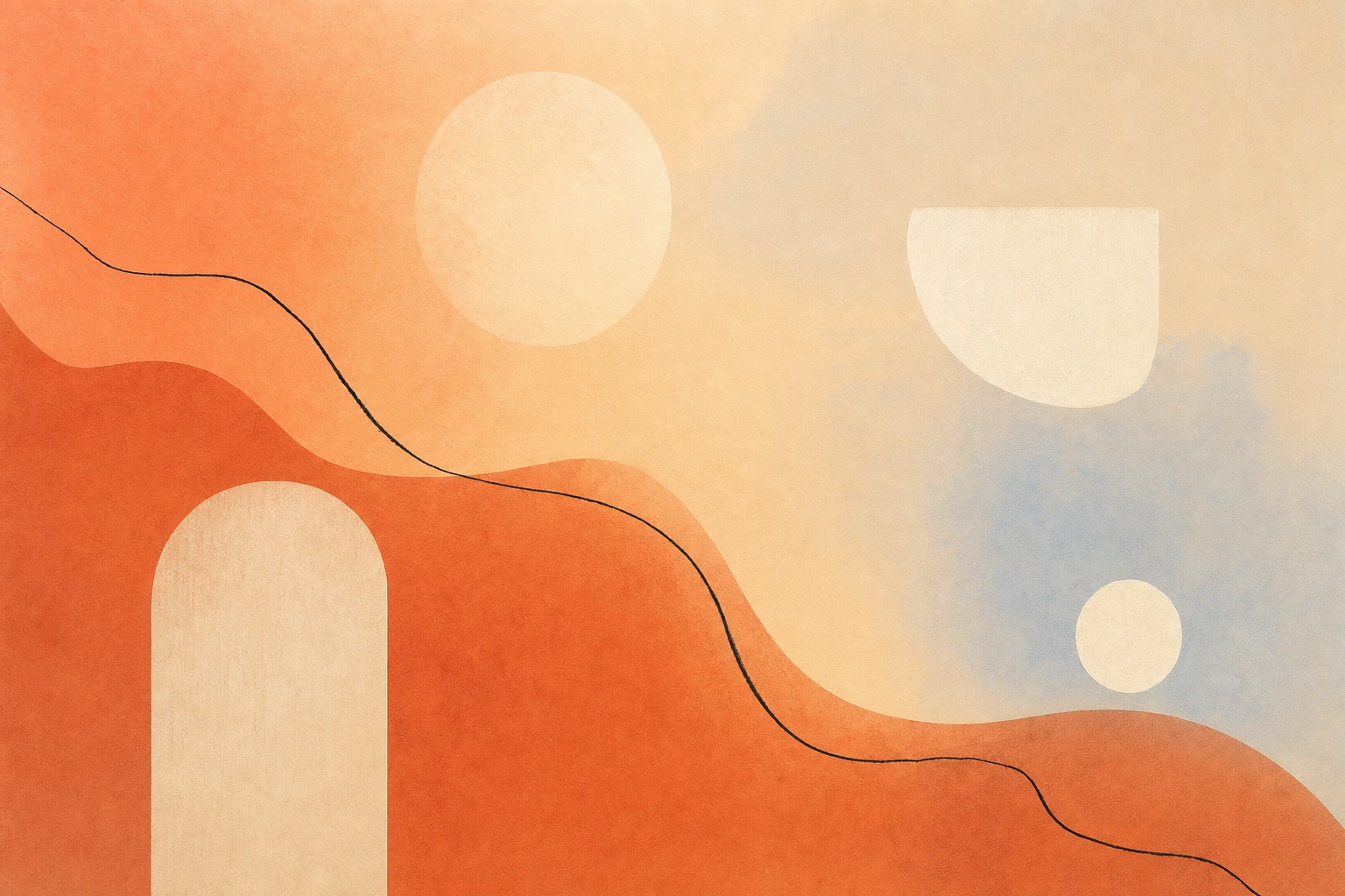 Abstract Cynsta AI strategy illustration with warm fields, simple geometric forms, and a drawn path